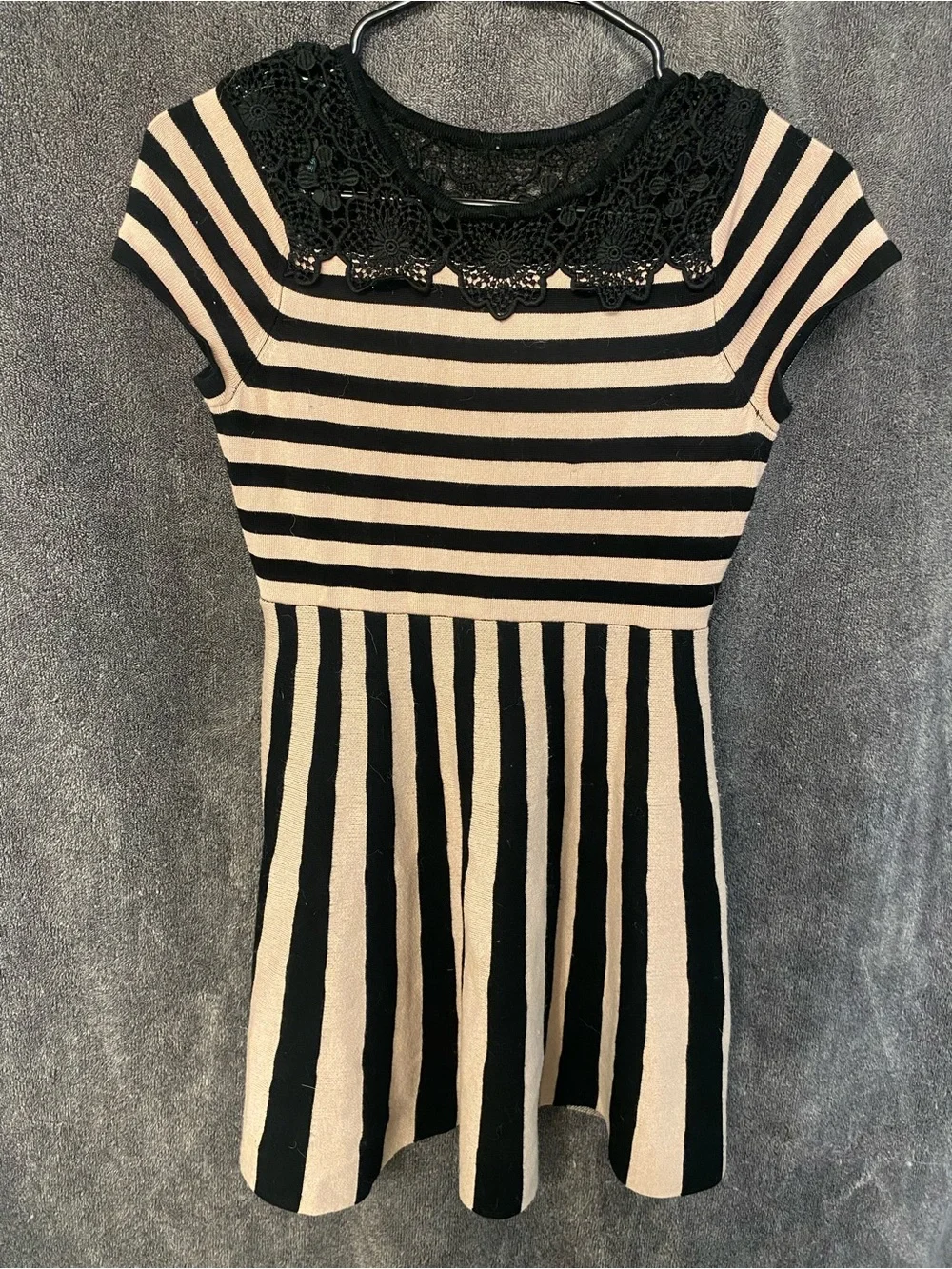 My Michelle Black and Cream Striped Lace-Yoke Fit & Flare Mini Dress